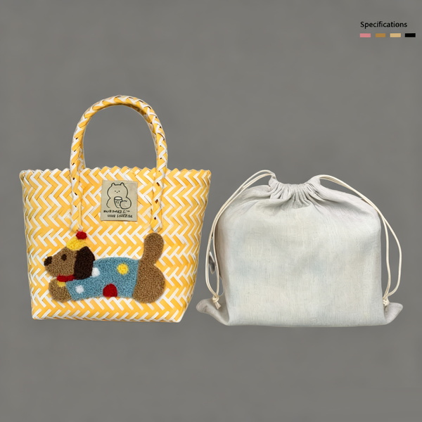 Large capacity sausage dog hand woven cabbage basket rattan woven handbag office miscellaneous carry bag picnic women's bag
