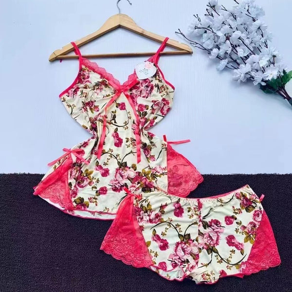 Floral Lace Nightwear Set for Women – Soft Camisole Top & Shorts