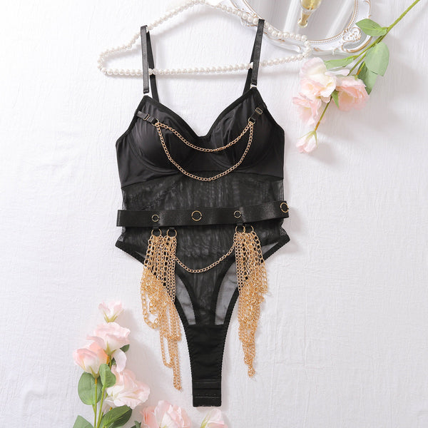 Metal Chain Decorative Waist Cover Sexy Underwear Set Mesh Splicing Perspective Sexy jumpsuit with Steel Ring