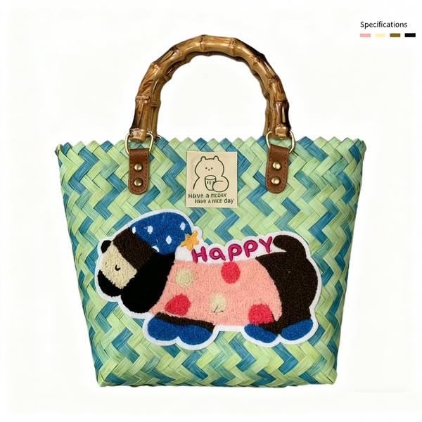 Large capacity sausage dog hand woven cabbage basket rattan woven handbag office miscellaneous carry bag picnic women's bag