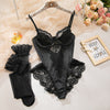 Satin Lace Spliced Romper with Steel Ring Gathering Crotch Shaping Underwear Set with Silk Stockings