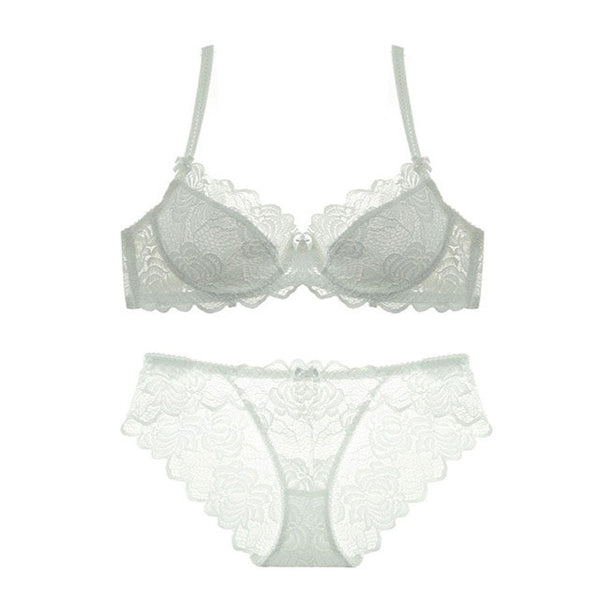 Sexy Bra Ultrathin Underwear Set Plus Size C D Cup Women Transparent Bra Sets Lace Embroidery Lingerie Gray Brassiere