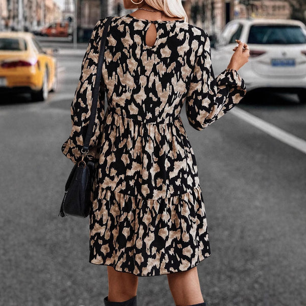 Fashionable Printed Long Sleeve Dress with One Button Loose Fit Autumn Style