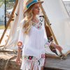 New Off Shoulder 3/4 Sleeve Hooked Flower Splice Irregular Tassel Beach Sunscreen Cover Up Ethnic Style Dress