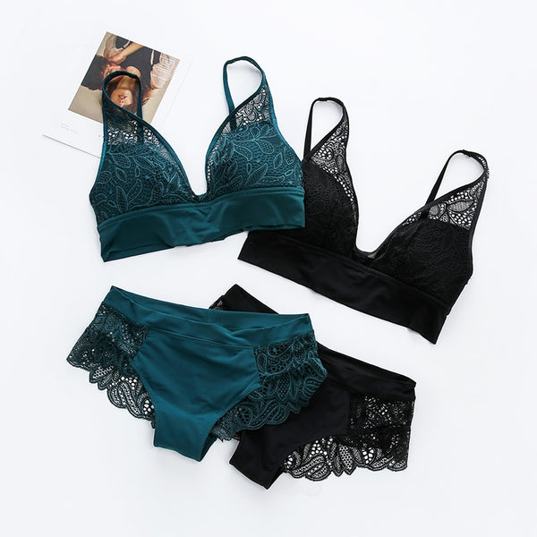 Sexy Lace Lingerie Set for Women – Wireless Push Up Bra & Jacquard Underwear
