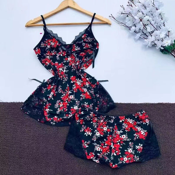 Floral Lace Nightwear Set for Women – Soft Camisole Top & Shorts