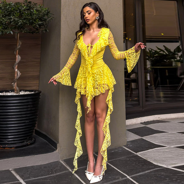 Sexy Lace Ribbon Tie Dress – Long Sleeve Flared Sleeve Women's Dress