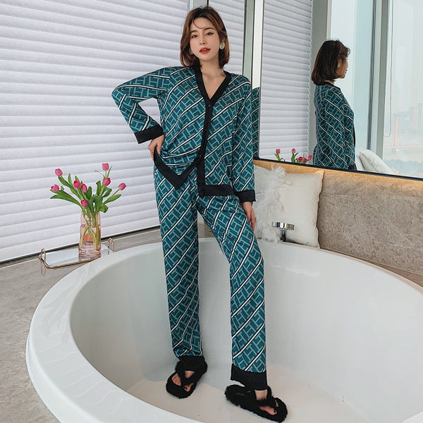 Spring Women's Pajamas Set – Luxury Style Cross Letter Print Silk-Like Sleepwear, Fashion Home Nightwear