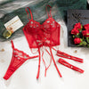 Summer Red Floral Embroidery Sexy Lingerie – Push-Up Adjustable Straps Luxury Two-Piece Set