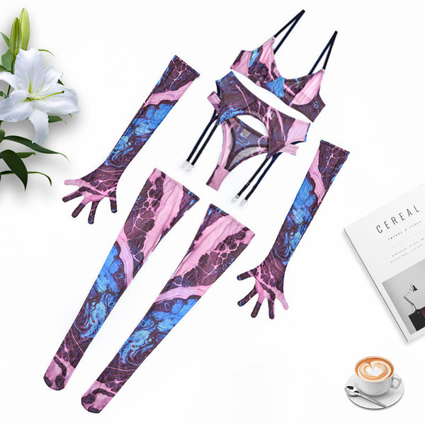 Tie-Dye Colorful Mesh Lingerie Set for Women – Sexy Five-Piece Small Bust Gathering Nightwear