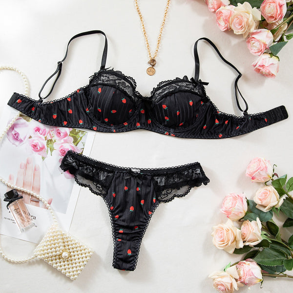 Printed Lace Bra Set with Steel Ring Gathering Bowknot Erotic Underwear