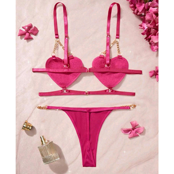 Luxury Pink Heart Chain Lingerie Set | Romantic French Style | AYEMOSH